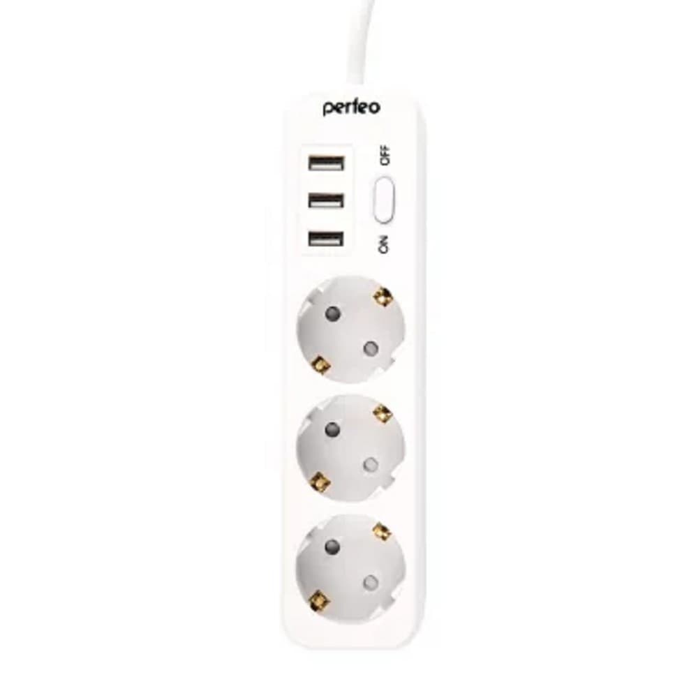 Perfeo сетевой фильтр "POWER STREAM", 2500W, двойная защита, 2м, 3 розетки, 3 USB, белый.