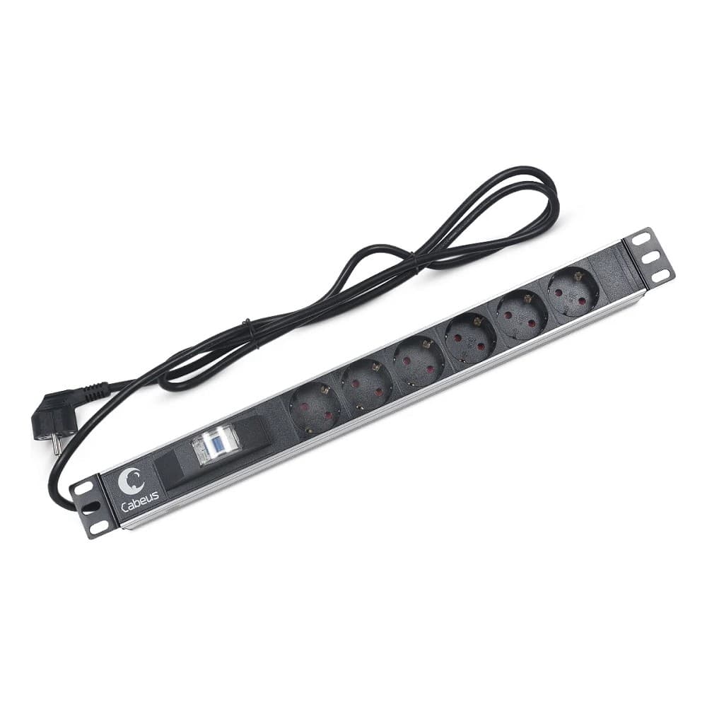 CABEUS PDU-6P-B-2EU БЛОК ЕВРОРОЗЕТОК ДЛЯ 19" ШКАФОВ, ГОРИЗОНТАЛЬНЫЙ, 6 РОЗЕТОК, АВТОМАТ ЗАЩИТЫ 16 A , ШНУР 2М, АЛЮМИНИЕВЫЙ КОРПУС, НЕМЕЦКИЙ СТАНДАРТ