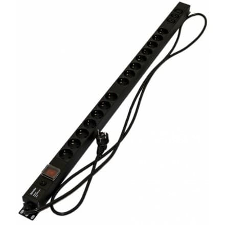 Hyperline SHE-15SH-3IEC-SF-2.5EU Блок розеток, 15 розеток Schuko+3xIEC320 C13, 16 A, 250В, с выключателем, защита от перенапряжения, кабель питания 3х1.5мм2, длина 2.5 м, с вилкой Schuko, 1040x44.4x44