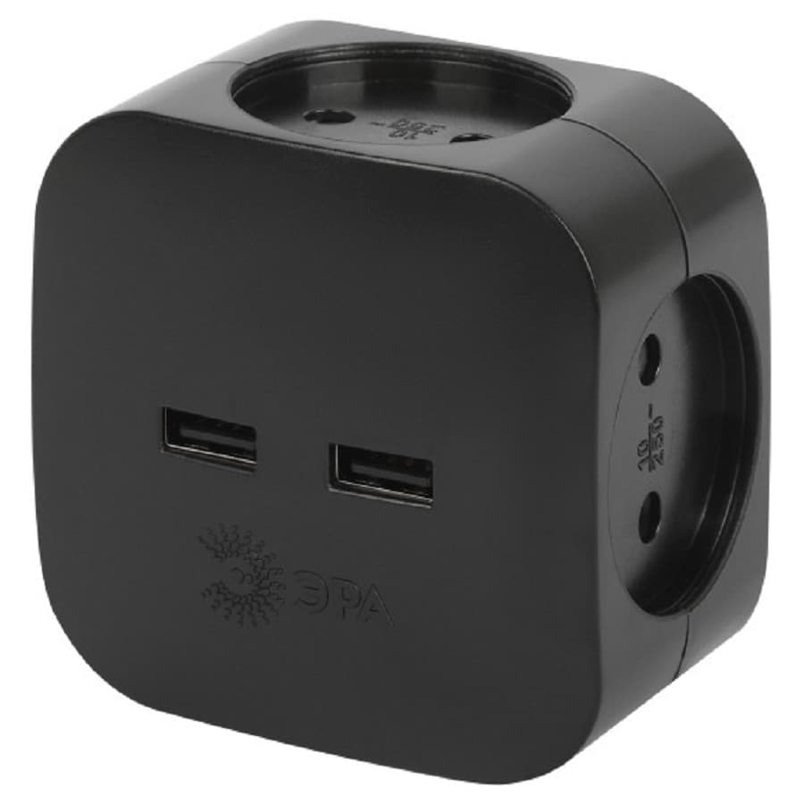 ЭРА Б0049536 Разветвитель электрический SP-4-USB-B на 4 розетки 220V + 2xUSB 2400mA, без заземл 10А (черный)
