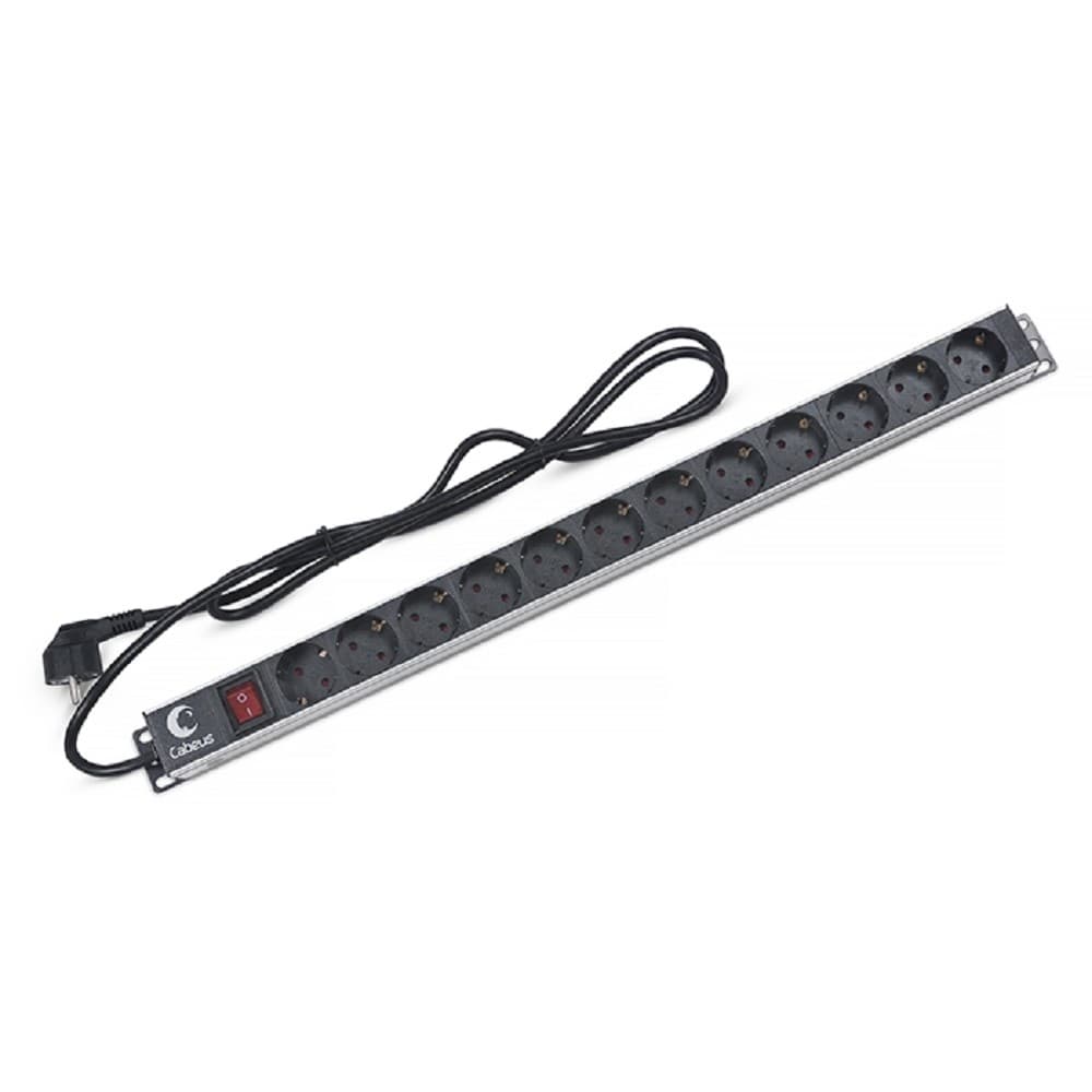 Cabeus PDU-12P-2EU Блок евророзеток для 19" шкафов, 12 розеток, 16 A, выключатель, шнур 2м, алюминиевый корпус, немецкий стандарт