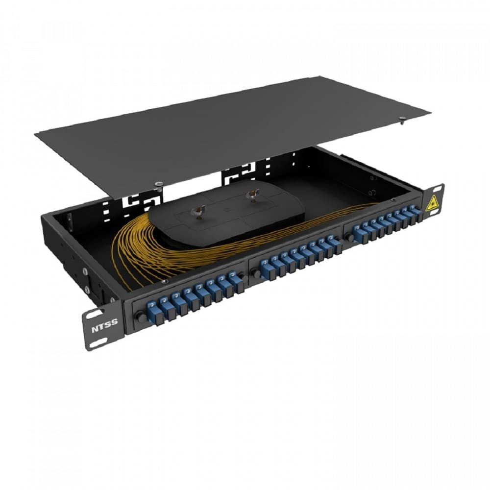 NTSS Кросс 19" NTSS PREMIUM, предсобранный 1U, 8 портов SC/UPC, 9/125 мкм, (сплайс, пигтейлы, кдзс, планки, адаптеры), черный, RAL9005 NTSS-RFOB-PM-1U-8-SC/U-9-SP1.5G1A-BL