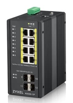 ZYXEL RGS200-12P-ZZ0101F Промышленный L2 PoE+ коммутатор RGS200-12P, 8xGE PoE+, 4xSFP, крепление на стену/DIN-рейку, IP30, два источника питания DC, бюджет PoE 240 Вт