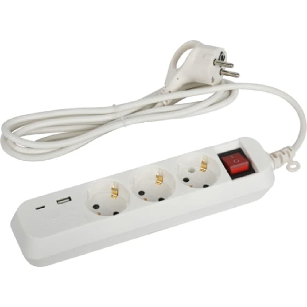 ЭРА Б0052897 Удлинитель электрический UB-3es-1,5m-USB c заземлением с выключателем 3 розетки + 1xUSBA+1xUSBC 1,5м 10А