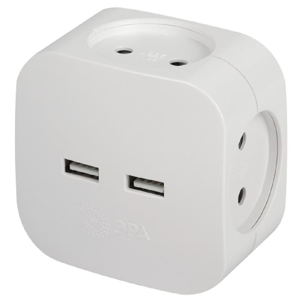 ЭРА Б0049532 Разветвитель электрический SP-4-USB-W на 4 розетки 220V + 2xUSB 2400mA, без заземл 10А (белый)