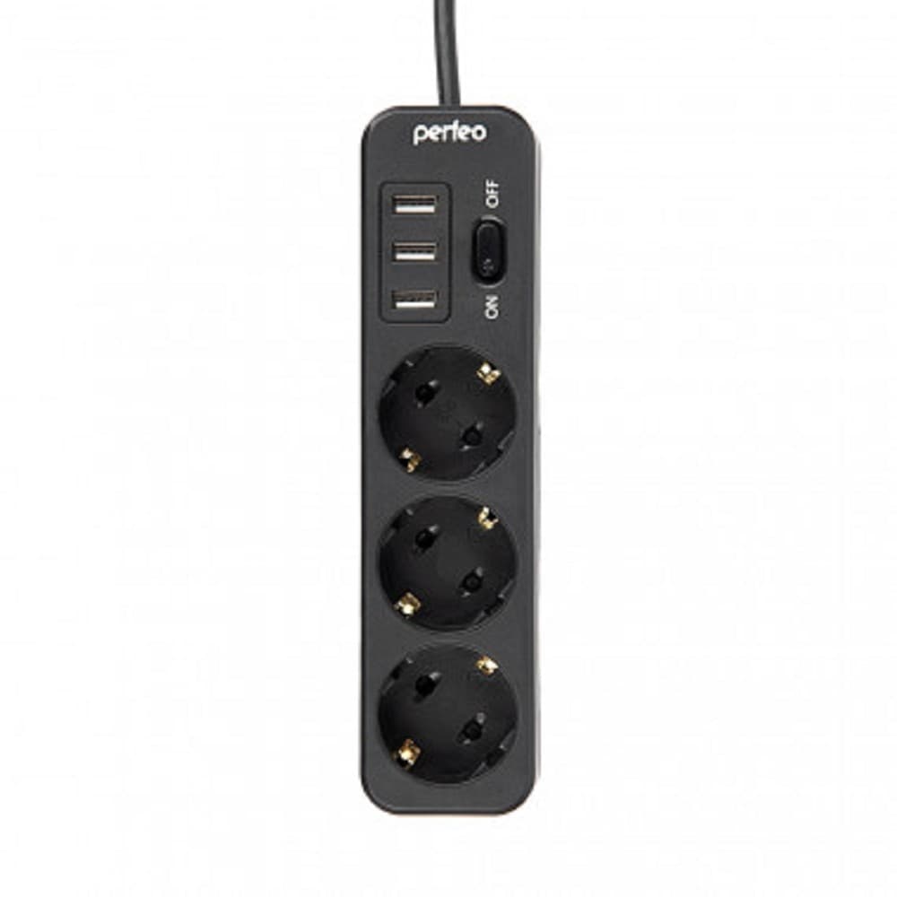 Perfeo сетевой фильтр "POWER STREAM", 2500W, двойная защита, 4м, 3 розетки, 3 USB, черный.