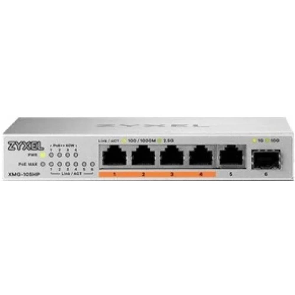 Коммутатор/ Мультигигабитный PoE++ коммутатор Zyxel XMG-105HP, 5xRJ-45: 1/2.5G (4 из них PoE++), 1xSFP+, настольный, бесшумный, бюджет PoE 70 Вт