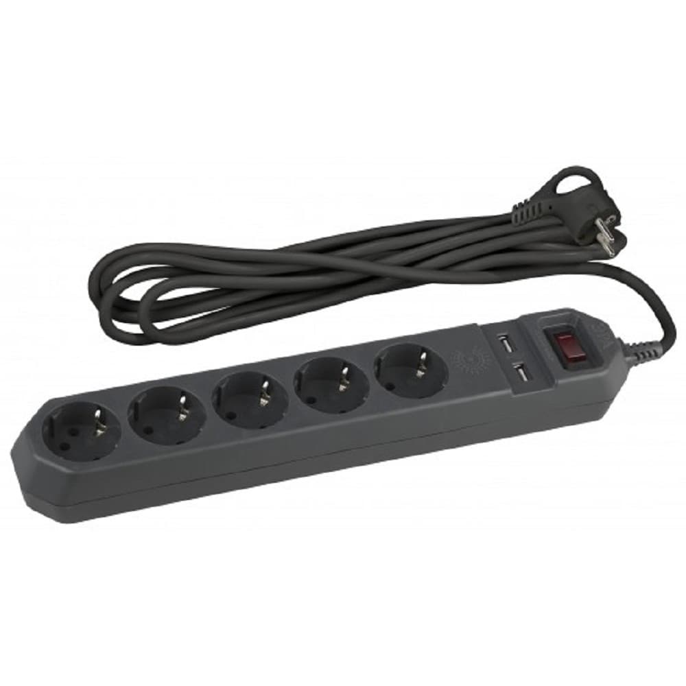 Эра Б0019036 Сетевой фильтр USF-5es-1.5m-USB-B (черный) с заземл, 3x0,75мм2, с выкл, 5гн, 1,5м