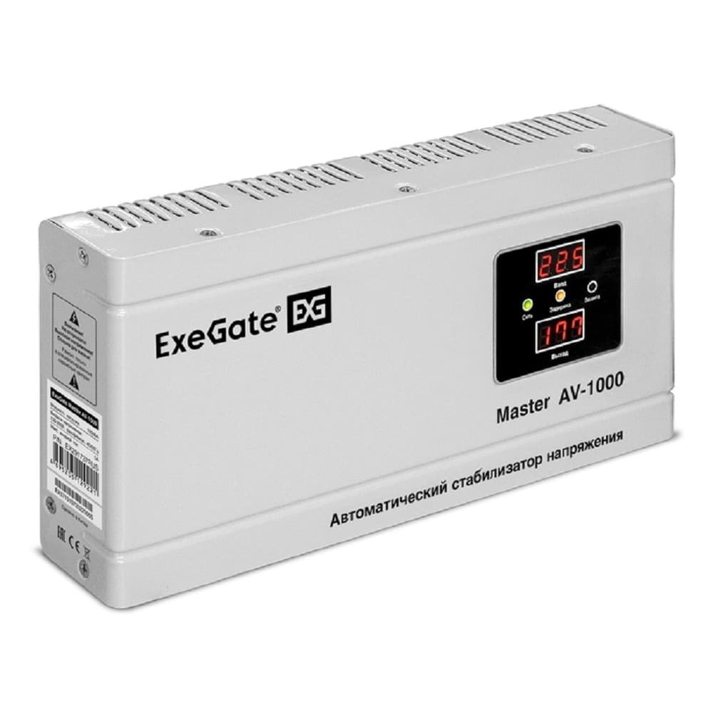 Exegate EX291737RUS Стабилизатор напряжения ExeGate Master AV-1000 (1000ВА, 140-260В, цифр. индикация вход/вых. напряжения, 220В±8%, КПД 98%, 5 уровней защиты, задержка, метал.корпус, евророзетка, RTL