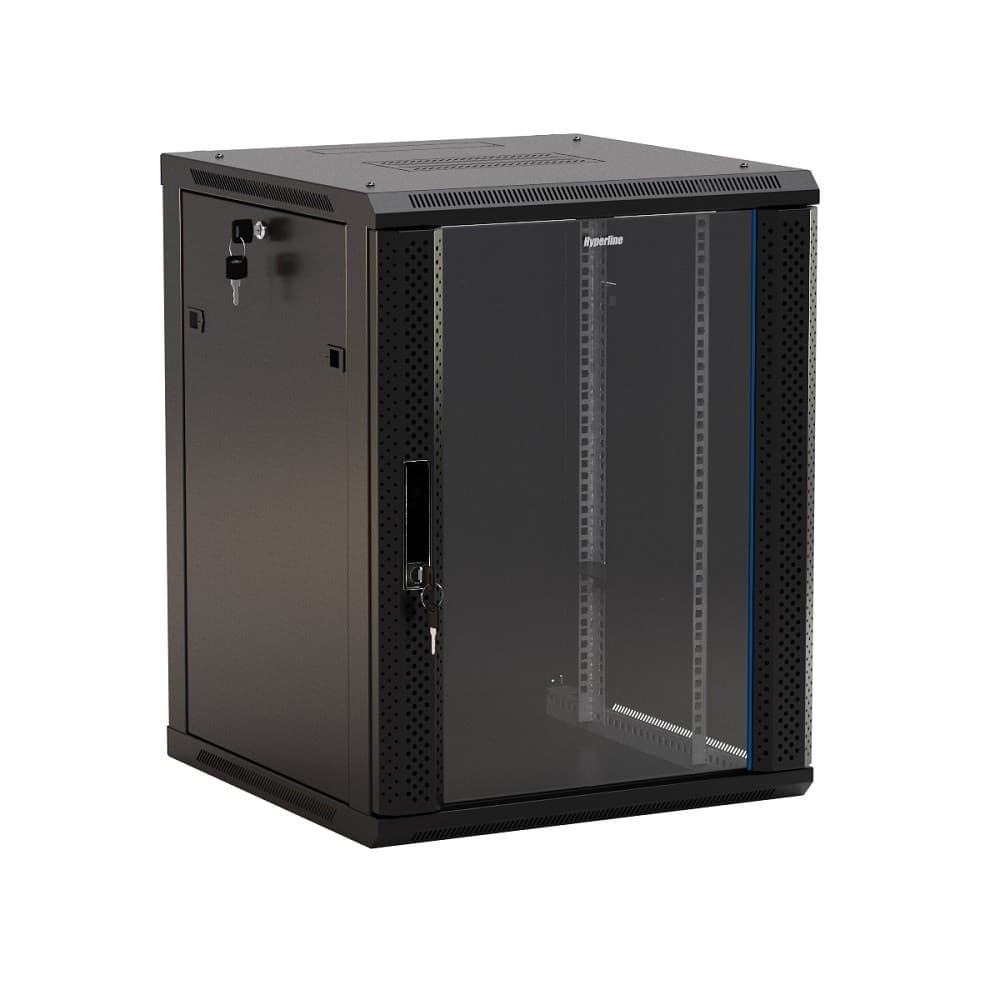 Hyperline TWB-1566-GP-RAL9004 Шкаф настенный 19-дюймовый (19"), 15U, 775x 600х 600мм, стеклянная дверь с перфорацией по бокам, ручка с замком, цвет черный (RAL 9004) (разобранный)