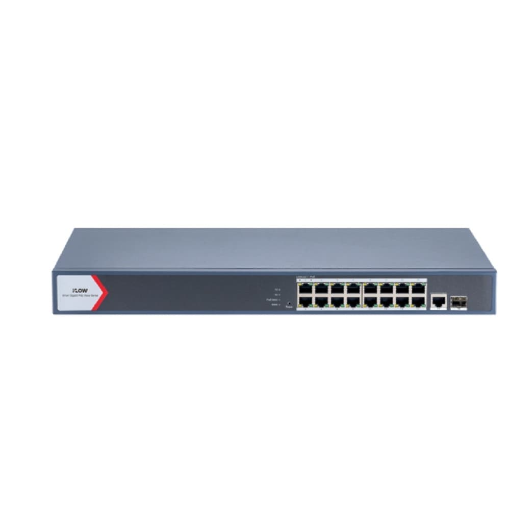 iFLOW F-SW-EM618POE-VM/L L2, Смарт-управляемый, 16 гигабитных портов RJ45 PoE, 1 uplink порт 1000М RJ45 1 гигабитный порт SFP, 802.3af/at, бюджет PoE 130 Вт, поддержка режима передачи до 300м,10Мб/с