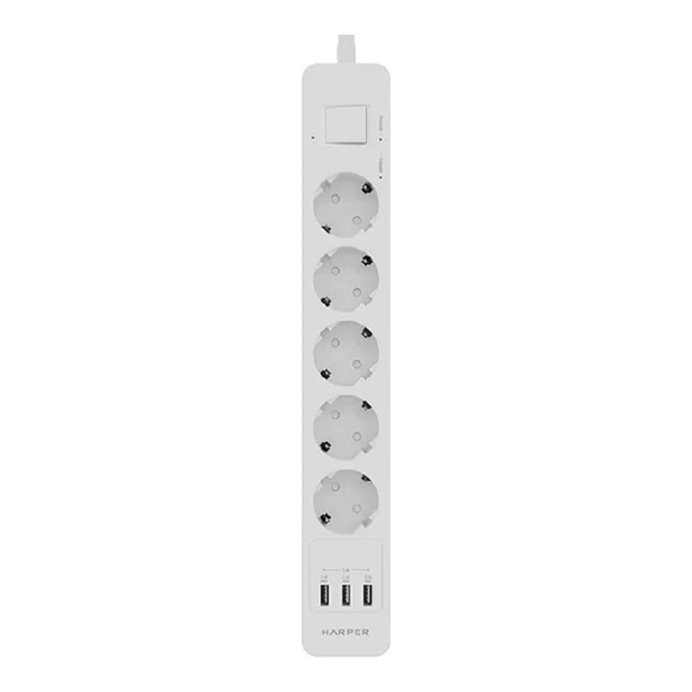 Harper Сетевой фильтр с USB зарядкой UCH-560 White (5 роз.,3м.,3 x USB 2.4A (max 3.4A), 4000W) {H00003014}