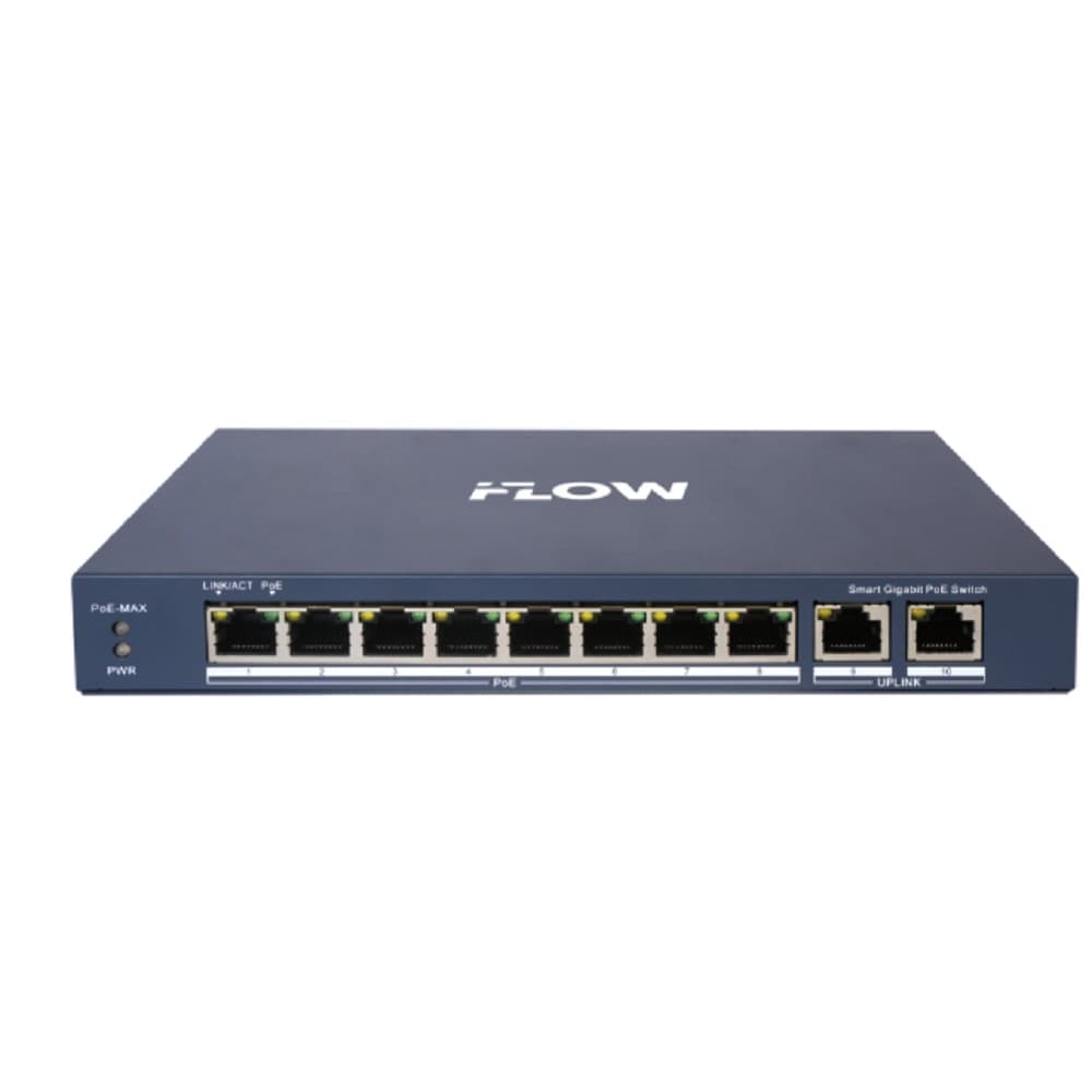 iFLOW F-SW-EM610POE-VM L2, Смарт-управляемый, 8 гигабитных портов RJ45 PoE, 2 uplink порта, поддержка режима передачи до 300м,10Мб/с, CAT6
