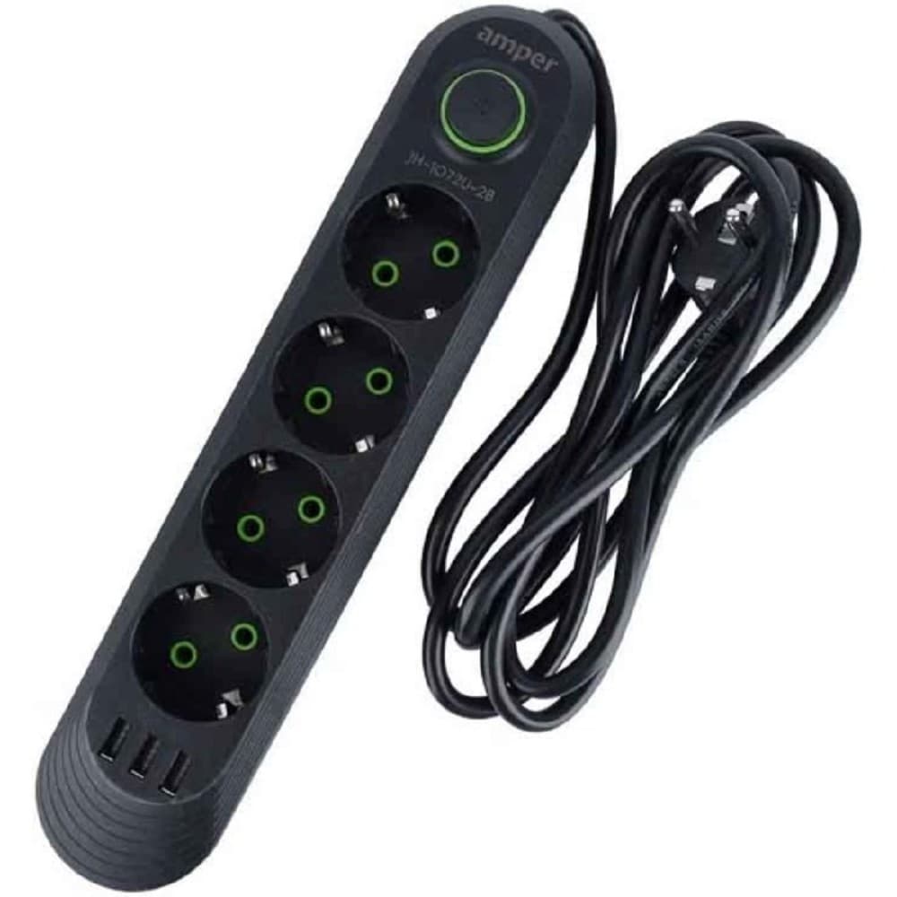 Amper сетевой удлинитель, 2,0м, 4 розетки, 3*0,75мм, 10А, 2500 Вт, 3usb, черный.