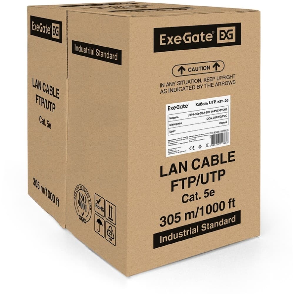 Exegate EX281817RUS Кабель Exegate UTP4-C5e-CCA-S25-IN-PVC-GY-305 UTP 4 пары кат.5e CCA, 25AWG, бухта 305м, серый, PVC