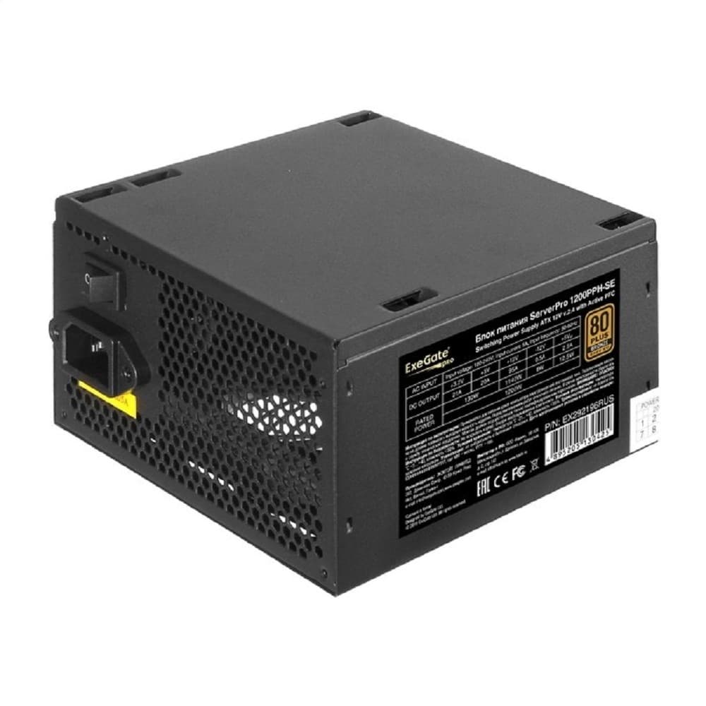 Exegate EX292196RUS Серверный БП 1200W ExeGate ServerPRO 80 PLUS® Bronze 1200PPH-SE (ATX, for 3U+ cases, APFC, КПД 89% (80 PLUS Bronze), 12cm fan, 24pin, 2x(4+4)p, 6xPCI-E, 8xSATA, 4xIDE, box, black)