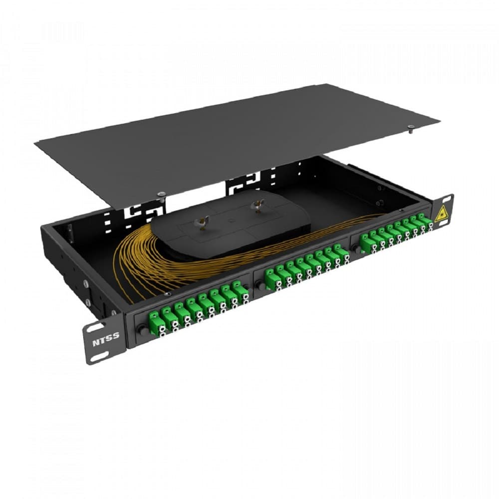 NTSS Кросс 19" NTSS PREMIUM, предсобранный 1U, 2 порта LC/APC duplex, 9/125 мкм, (сплайс, пигтейлы, кдзс, планки, адаптеры), черный, RAL9005 NTSS-RFOB-PM-1U-2-2LC/A-9-SP1.5G1A-BL