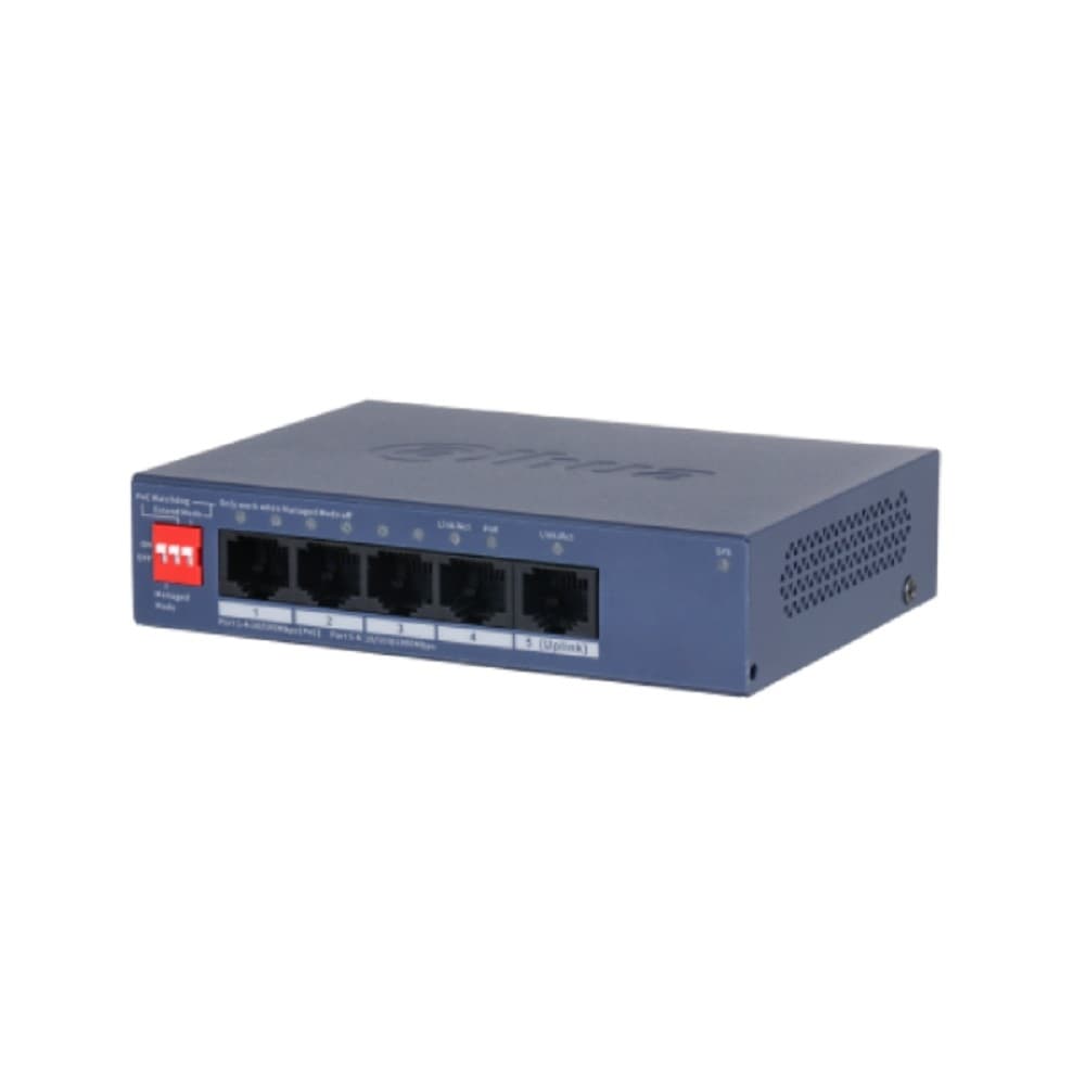 DAHUA DH-CS4005-4ET1GT-36 4-портовый PoE коммутатор управляемый 4 RJ45 10/100Мбит/с (PoE/PoE+), 1 RJ45 10/100/1000Мбит/с (uplink); до 40Вт