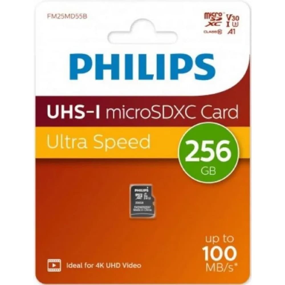 Micro SecureDigital 256GB Philips High Speed microSDHC Class UHS-I U3, V30, A1, 100MB/s