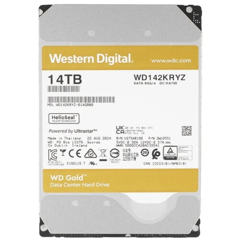 Жесткий диск Western Digital GOLD HDD SATA 14TB, 7200rpm, 512MB buffer, 512e, WD142KRYZ, 1 year