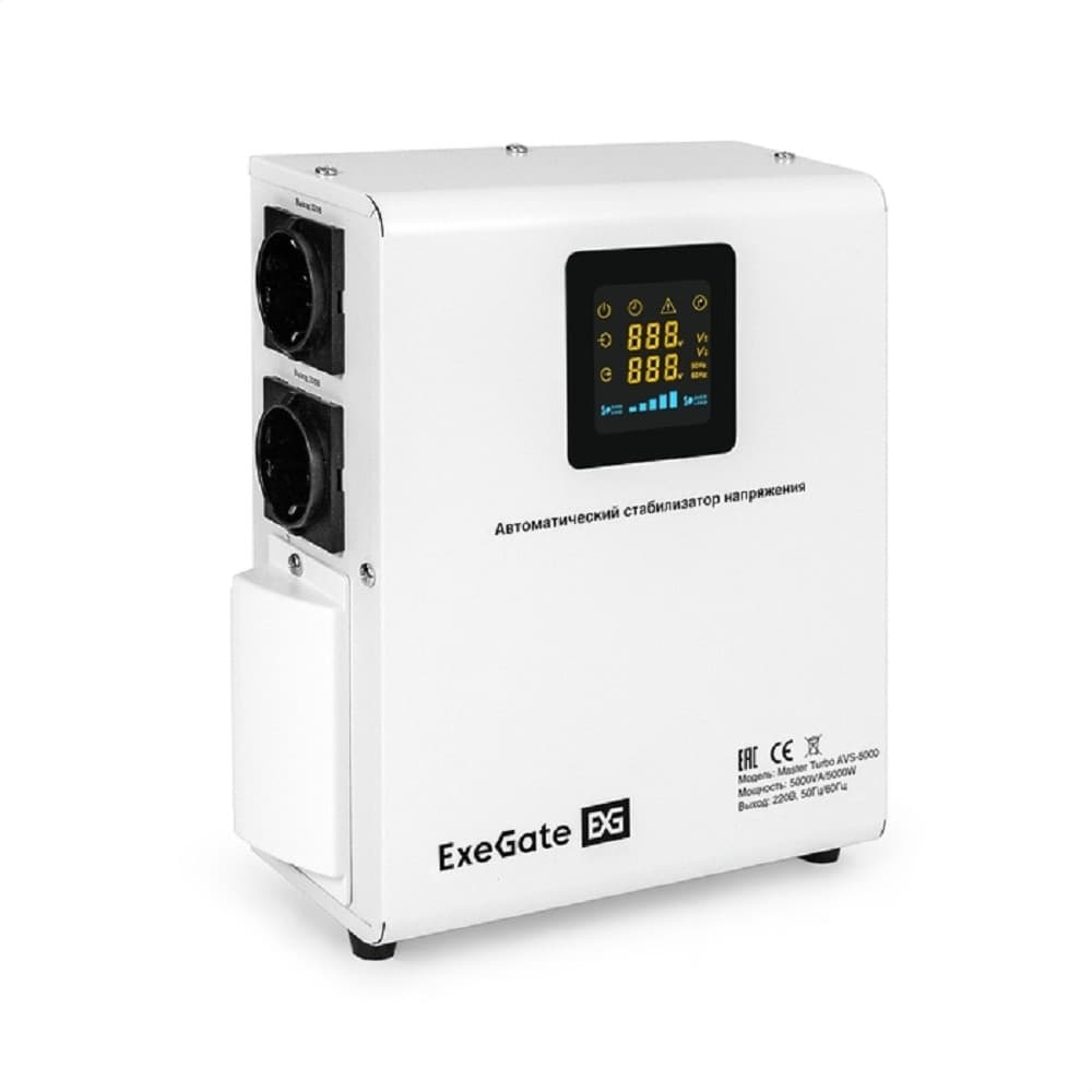 Exegate EX291749RUS Стабилизатор напряжения ExeGate Master Turbo AVS-5000 (5000ВА, 100-265В, цифр. индикация вход/вых. напряжения, 220В±8%, КПД 98%, 5 уровней защиты, задержка, усиленный метал.корпус