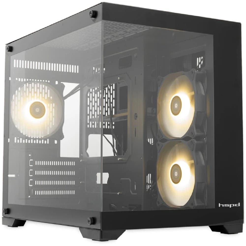 Корпус без блока питания/ Case HSPD F330, Panoramic Mini-tower, Black, TG, 0.5 SPCC, 3x120mm ARGB (FN027) mATX, mITX 160/400/200mm 1x2.5", 2x3.5", 4xPCI 1xUSB-C 3.0, 2xUSB-A1.0 428x280x375mm