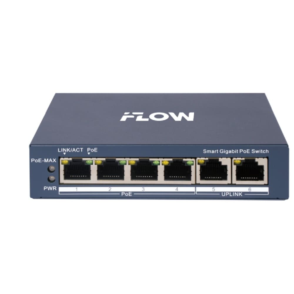 iFLOW F-SW-EM606POE-VM L2, Смарт-управляемый, 4 гигабитных порта RJ45 PoE, 2 uplink порта, поддержка режима передачи до 300м,10Мб/с, CAT6