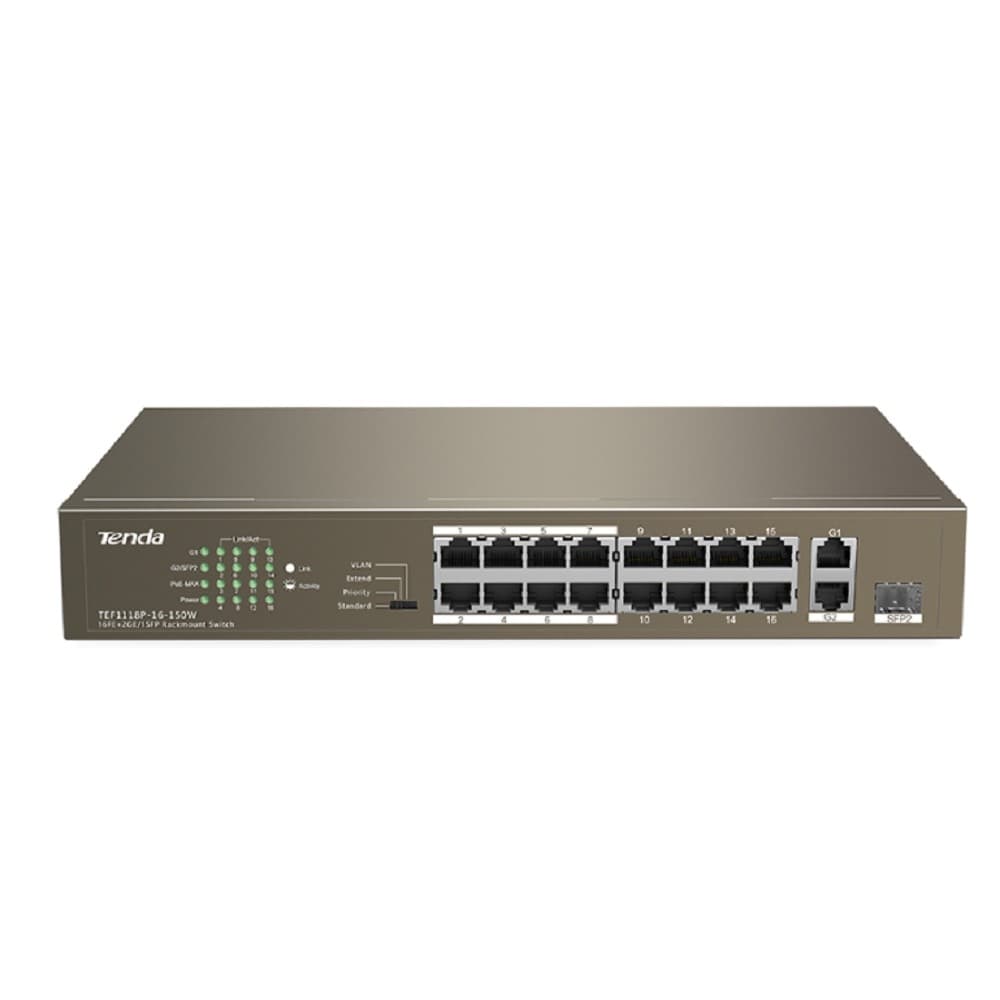 TENDA TEF1118P-16-150W Коммутатор в стойку 16-Ports 10/100 Base-TX + 2-Ports 10/100/1000 Base-T + 1-Port 1000 Base-X SFP 16-Ports PoE(PoE бюджет 130W)