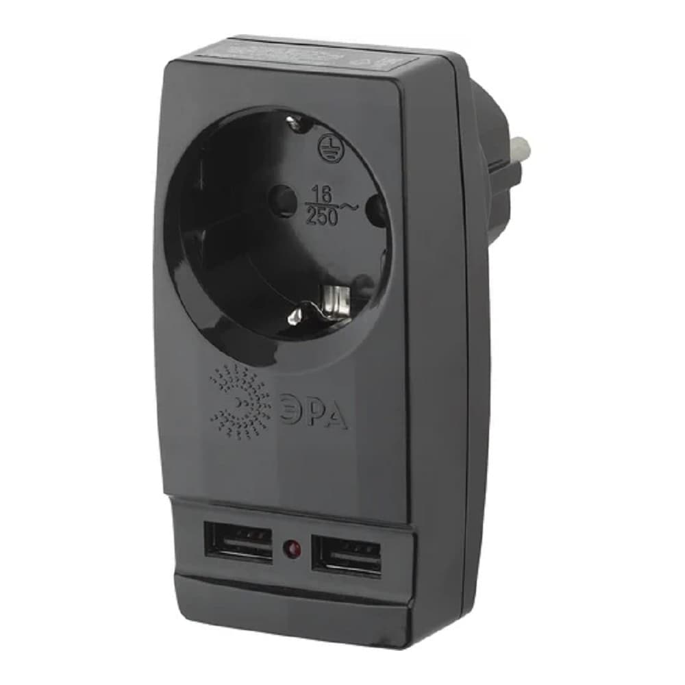 ЭРА Б0026333 Адаптер "Polynom" SP-1e-USB-B 1гн 220V + 2xUSB 2100mA, c заземл, (черный)