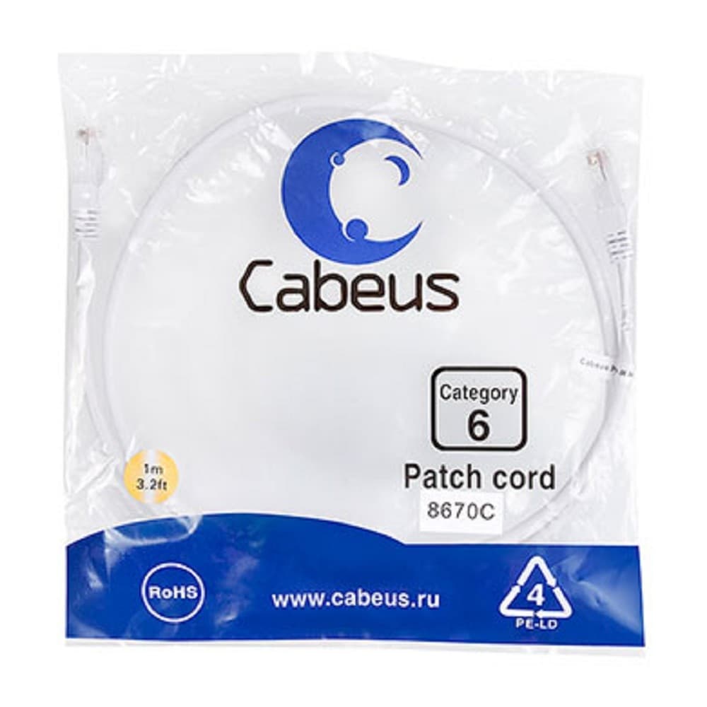 Патч-корд RJ45 UTP 6 Cabeus PC-UTP-RJ45-Cat.6-1m-WH PVC белый 1 метр