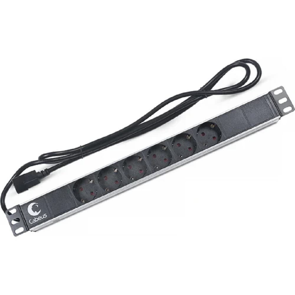 Cabeus PDU-6P-2IEC Блок евророзеток для 19" шкафов, горизонтальный, 6 розеток, 10 A, без выключателя, алюминиевый корпус, шнур 2 м, вилка IEC 320 C14