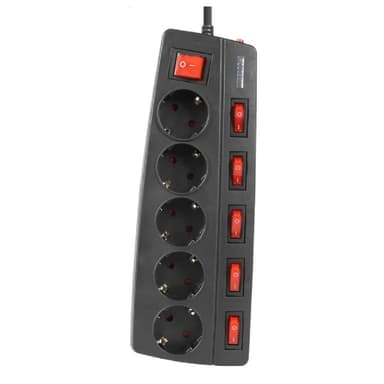 Filum Сетевой фильтр FL-SPL5-1.8M-BL, 2500 Вт., 5 розеток, защитные шторки, инд. выключатели, шнур 1.8 м., черный {00-01095523}