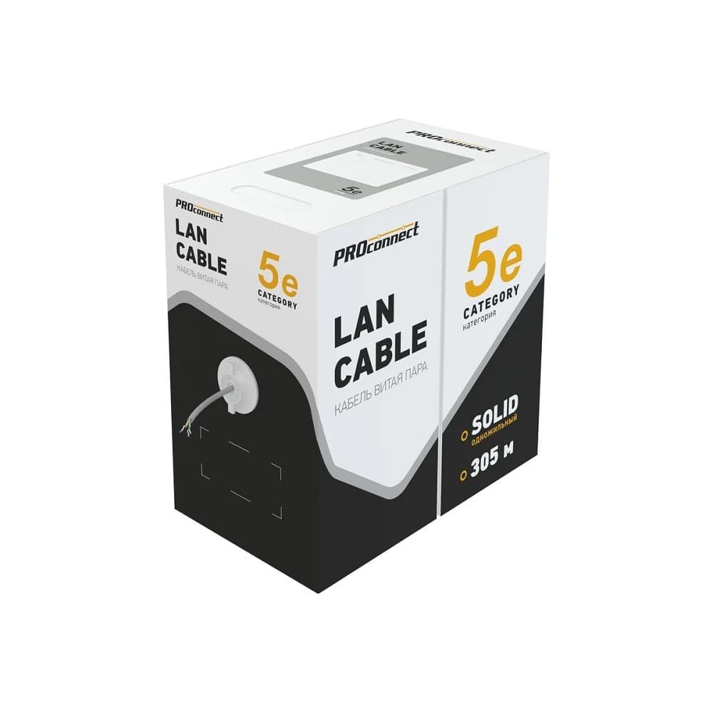 PROconnect (01-0047-3) Кабель витая пара омедненный U/UTP, CCA, CAT 6, PVC, 4PR, 23AWG, INDOOR, SOLID, серый, 305м