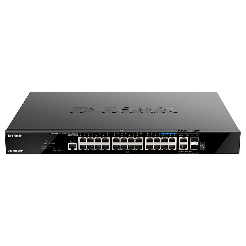 D-Link DGS-1520-28MP/A1A Управляемый L3 стекируемый коммутатор с 20 портами 10/100/1000Base-T, 4 портами 100/1000/2.5GBase-T, 2 портами 10GBase-T и 2 портами 10GBase-X SFP+ (PoE-бюджет 370 Вт)