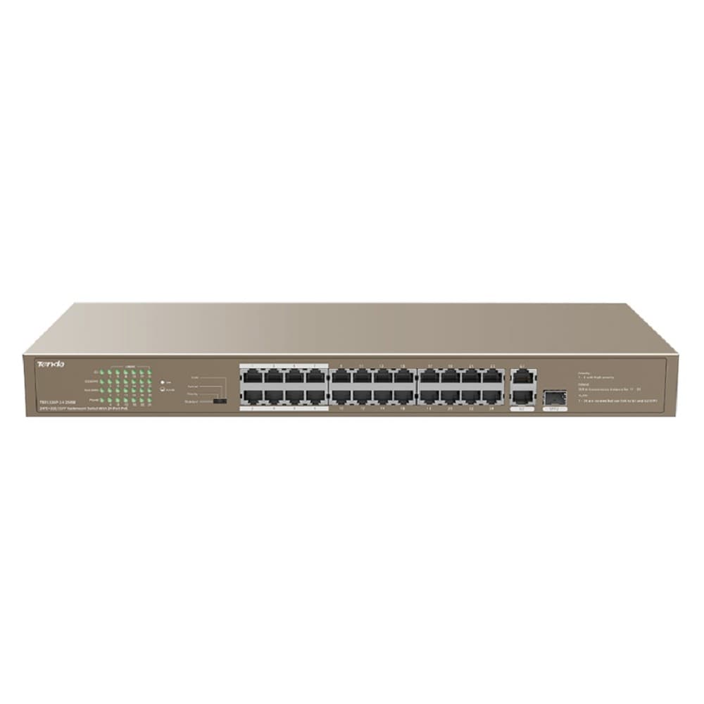TENDA TEF1126P-24-250W Коммутатор в стойку 24-Ports 10/100 Base-TX + 2-Ports 10/100/1000 Base-T + 1-Port 1000 Base-X SFP 24-Ports PoE(PoE бюджет 230W)