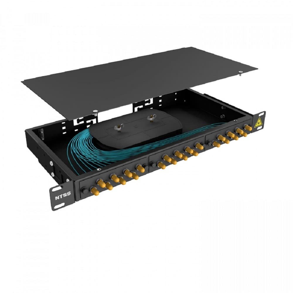 NTSS Кросс 19" NTSS PREMIUM, предсобранный 1U, 4 порта ST/UPC, 50/125 мкм ОМ3, (сплайс, пигтейлы, кдзс, планки, адаптеры), черный, RAL9005 NTSS-RFOB-PM-1U-4-ST/U-503-SP1.5G2A-BL