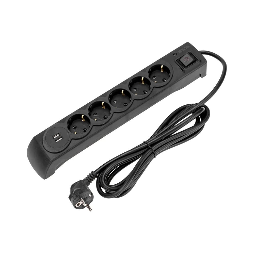 Kranz (13-4703) Фильтр сетевой 5 гнезд, 5м, 3х1,5мм?, с автовыкл, 2 USB, черный