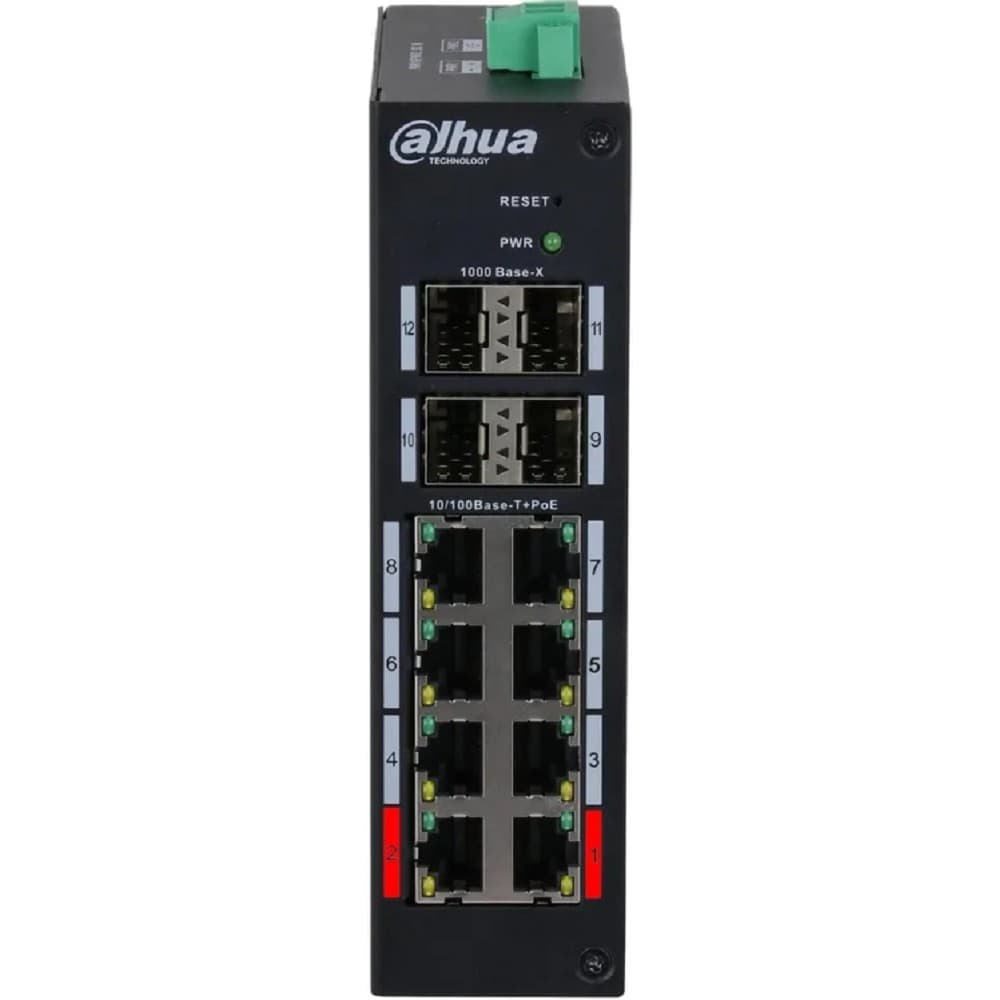 Dahua DH-HS4412-8ET-120 12-портовый управляемый коммутатор с PoE, промышленное исполнение 8 RJ45 10/100Мбит/с, 4 SFP 1000Мбит/с (uplink); до 120Вт; на DIN-рейку