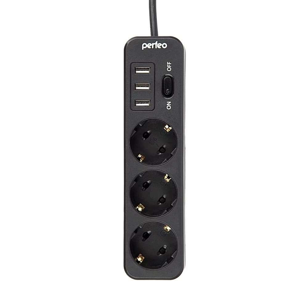 Perfeo сетевой фильтр "POWER STREAM", 2500W, двойная защита, 2м, 3 розетки, 3 USB, черный.