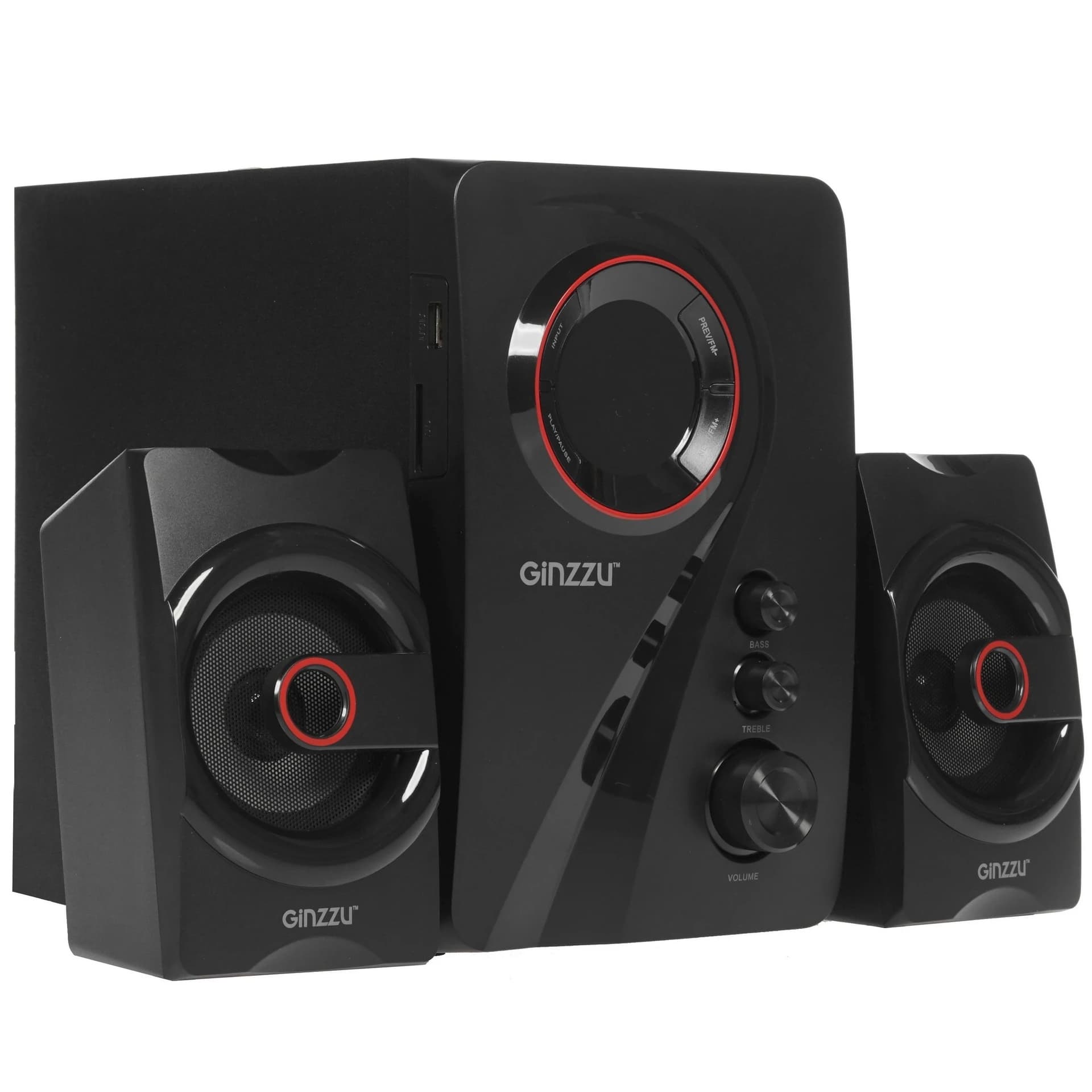 Ginzzu GM-406 2.1 с Bluetooth, выходная мощность 20Вт + 2х10Вт, аудиоплеер USB-flash, SD-card, FM-радио, пульт ДУ - 21 кнопка, стерео вход (2RCA), эквалайзер (обыч