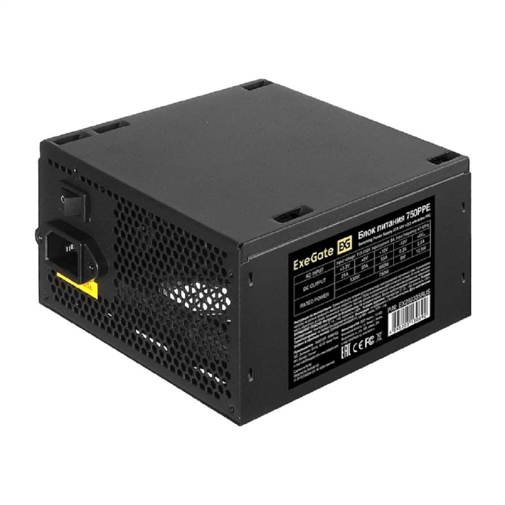 Exegate EX292335RUS Блок питания 750W ExeGate 750PPE (ATX, APFC, КПД 80% (80 PLUS), 12cm fan, 20+4pin, 2x2x(4+4)pin, 4xPCI-E, 6xSATA, 3xIDE, black)