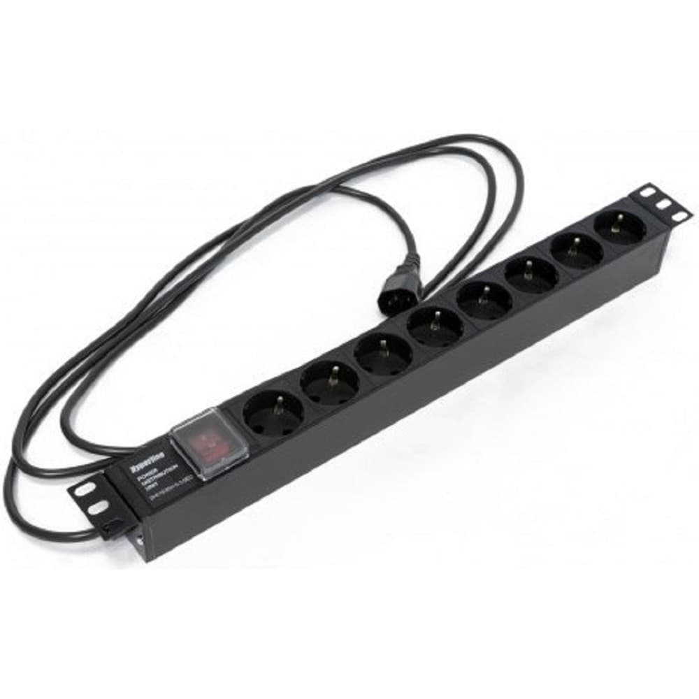 Hyperline SHE19-8SH-S-2.5IEC Блок розеток для 19" шкафов, горизонтальный, с выключателем с подсветкой, 8 розеток Schuko (10A), 250В, кабель питания 3х1.0мм2, длина 2.5 м, с вилкой IEC 320 C14, 482.6x4