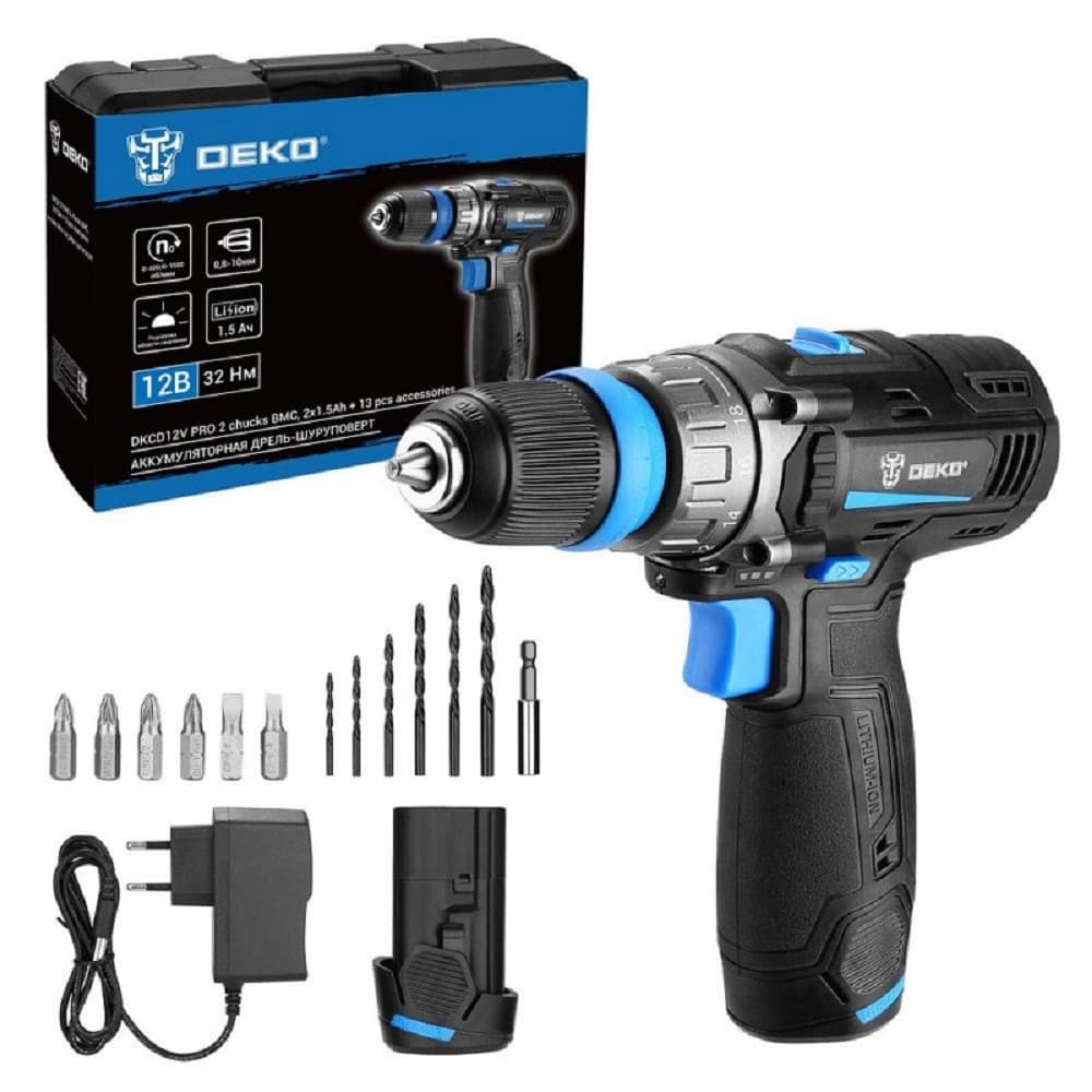 Дрель-шуруповерт Deko DKCD12V PRO, 12 В, 1.5 Ач, 32 Нм, щеточный