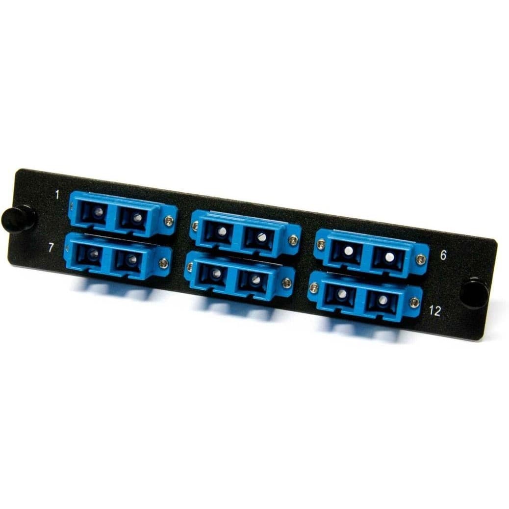 Hyperline FO-FPM-W120H32-12LC-BL Панель для FO-19BX с 12 LC адаптерами, 12 волокон, одномод OS1/OS2, 120x32 мм, адаптеры цвета синий (blue)