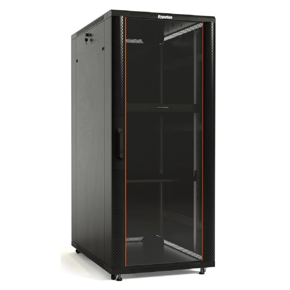 Hyperline TTB-4268-AS-RAL9004 Шкаф напольный 19-дюймовый, 42U, 2055x 600х 800 мм (ВхШхГ), передняя стеклянная дверь со стальными перфорированными боковинами, задняя дверь сплошная, ручка с замком