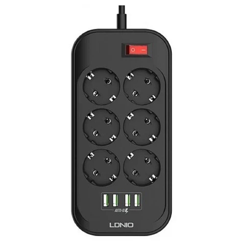 Perfeo LD_B4436 LDNIO SE6403/ Сетевой удлинитель 2м + ЗУ на 4 USB/ 6 розеток (медь) - 2500W/ USB - 17W/ Black&Gray