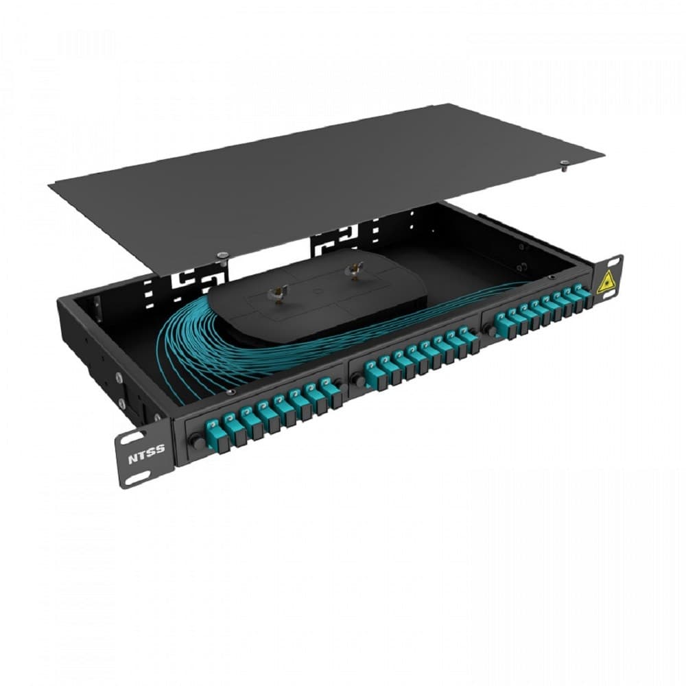NTSS Кросс 19" NTSS PREMIUM, предсобранный 1U, 4 порта SC/UPC, 50/125 мкм ОМ3, (сплайс, пигтейлы, кдзс, планки, адаптеры), черный, RAL9005 NTSS-RFOB-PM-1U-4-SC/U-503-SP1.5G1A-BL