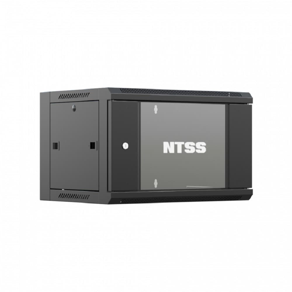 NTSS Шкаф настенный телекоммуникационный NTSS W 9U 600х450х500мм, 2 профиля 19, дверь стеклянная, боковые стенки съемные, задняя стенка, разобранный, черный RAL 9005 NTSS-W9U6045GS-2BL