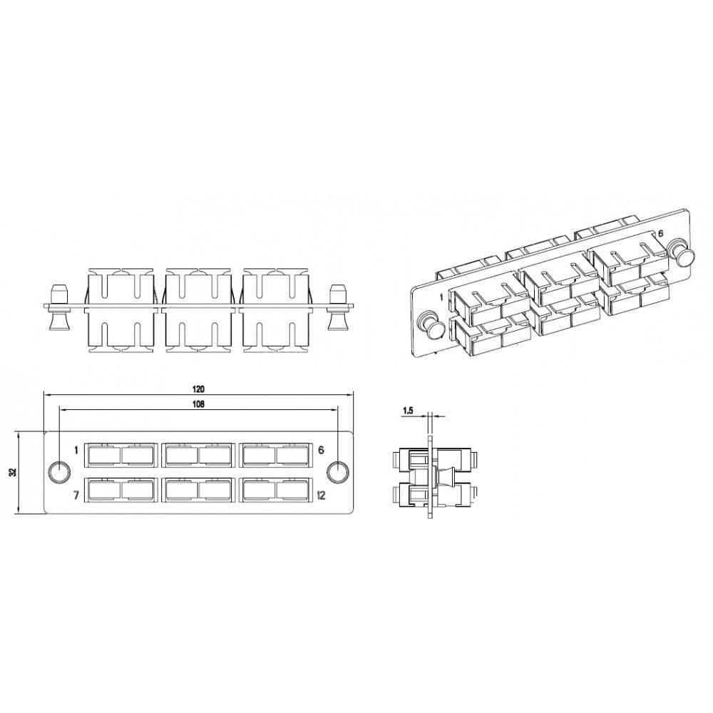 Hyperline FO-FPM-W120H32-6DSC-BL Панель для FO-19BX с 6 SC (duplex) адаптерами, 12 волокон, одномод, 120x32 мм, адаптеры цвета синий (blue)