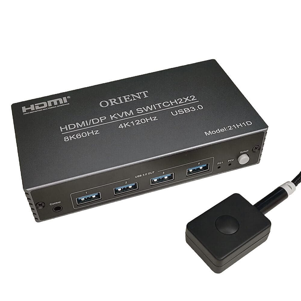 ORIENT HS21H1D 8K, HDMI/DisplayPort KVM переключатель 2x2 (2 устройства, 2 дисплея), порты 2xHDMI + 2xDP + 4xUSB 3.0 (клавиатура+мышь+внешние устройства), поддержка 8K@60 Гц/4K@120 Гц
